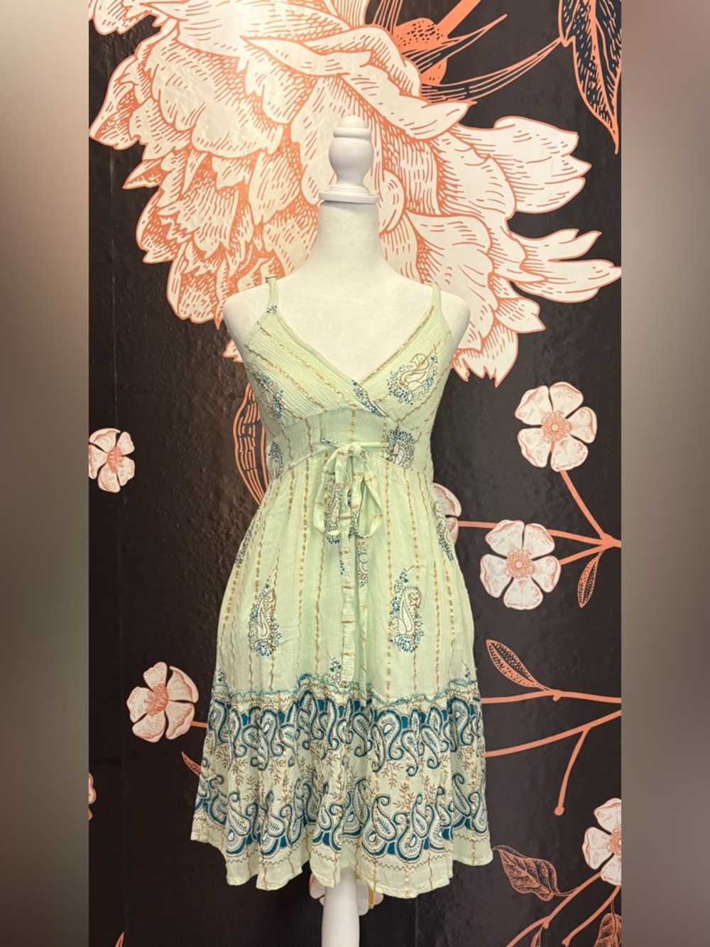 WHIMSICAL Green Paisley Mini Dress Gold Stripe Fairy Garden Sundress